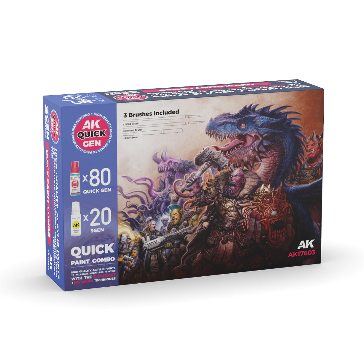 AK Interactive QUICK GEN Paint Combo Set 100 Colors (80 Quick Gen + 20 Acrylic 3GEN + 3 Pinsel)
