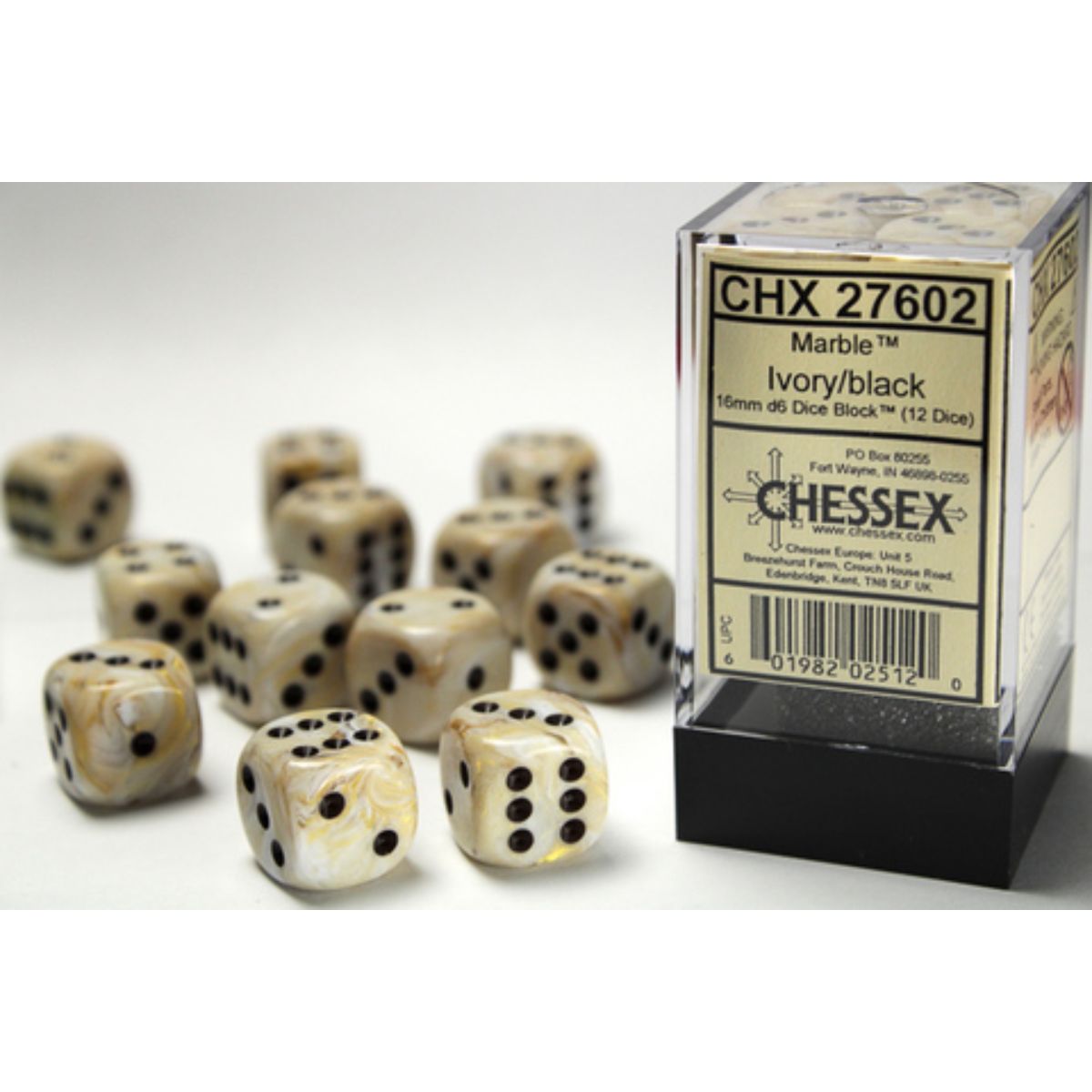Chessex W6x12 Würfelset Marble Ivory/Black